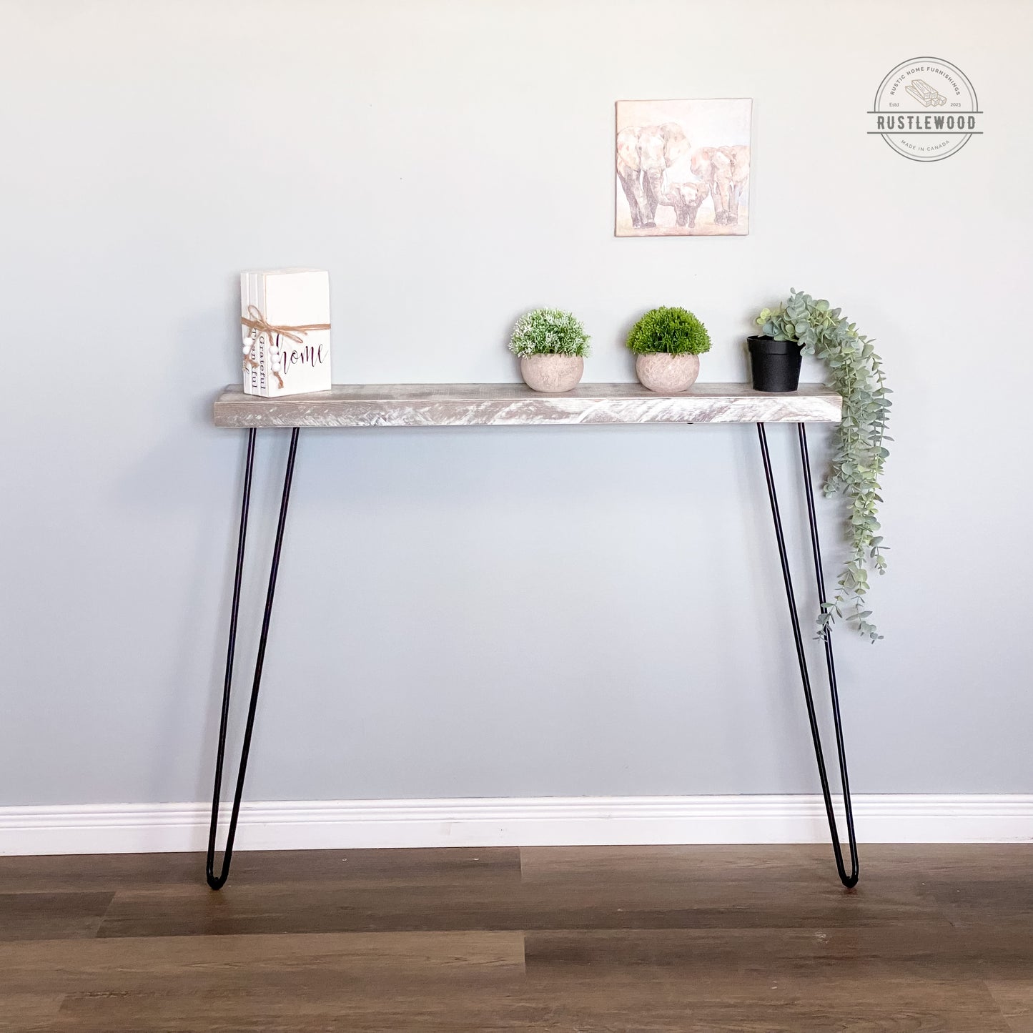 white console table with hairpin legs, narrow