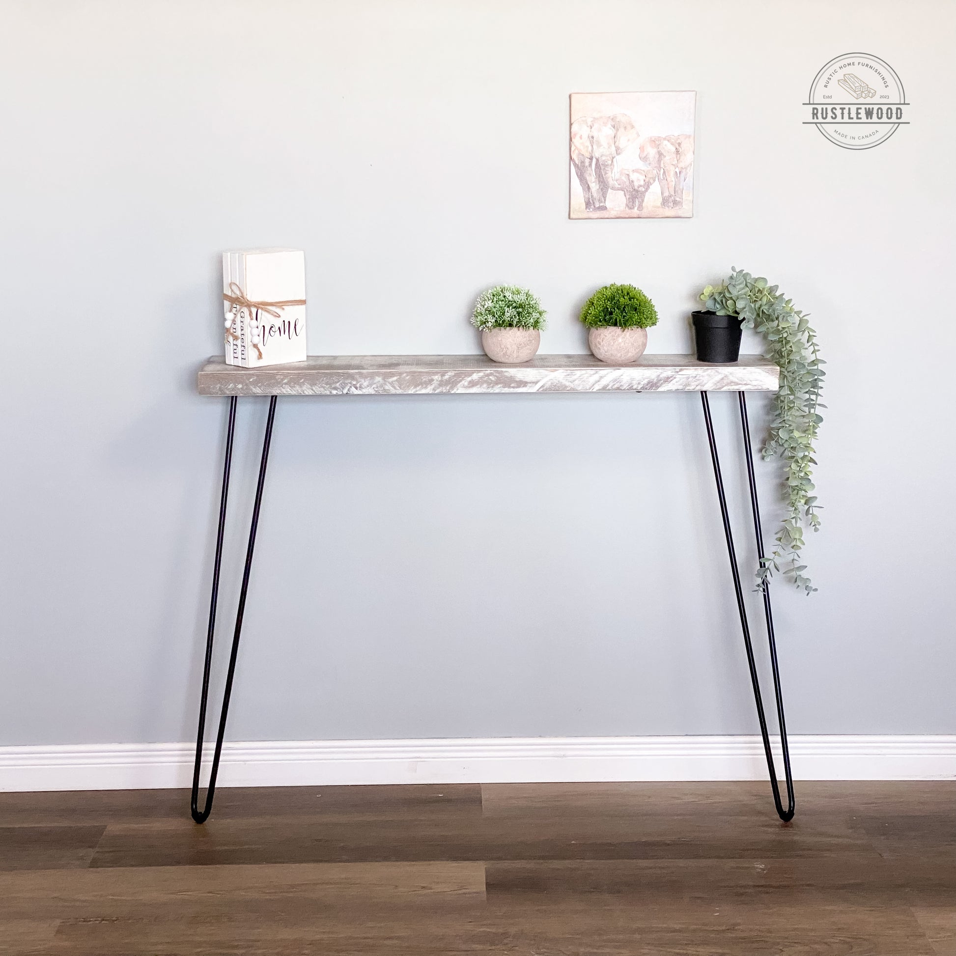 white console table with hairpin legs, narrow