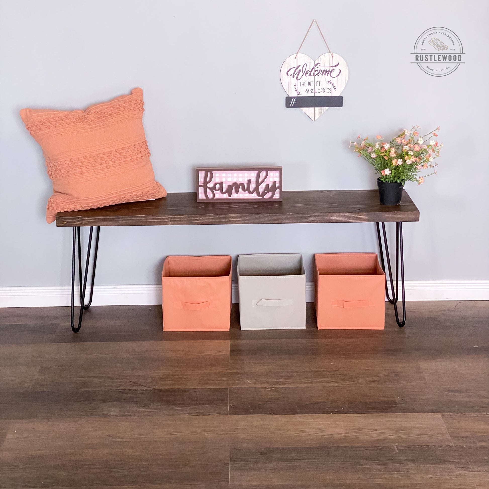 farmhouse bench with hairpin legs