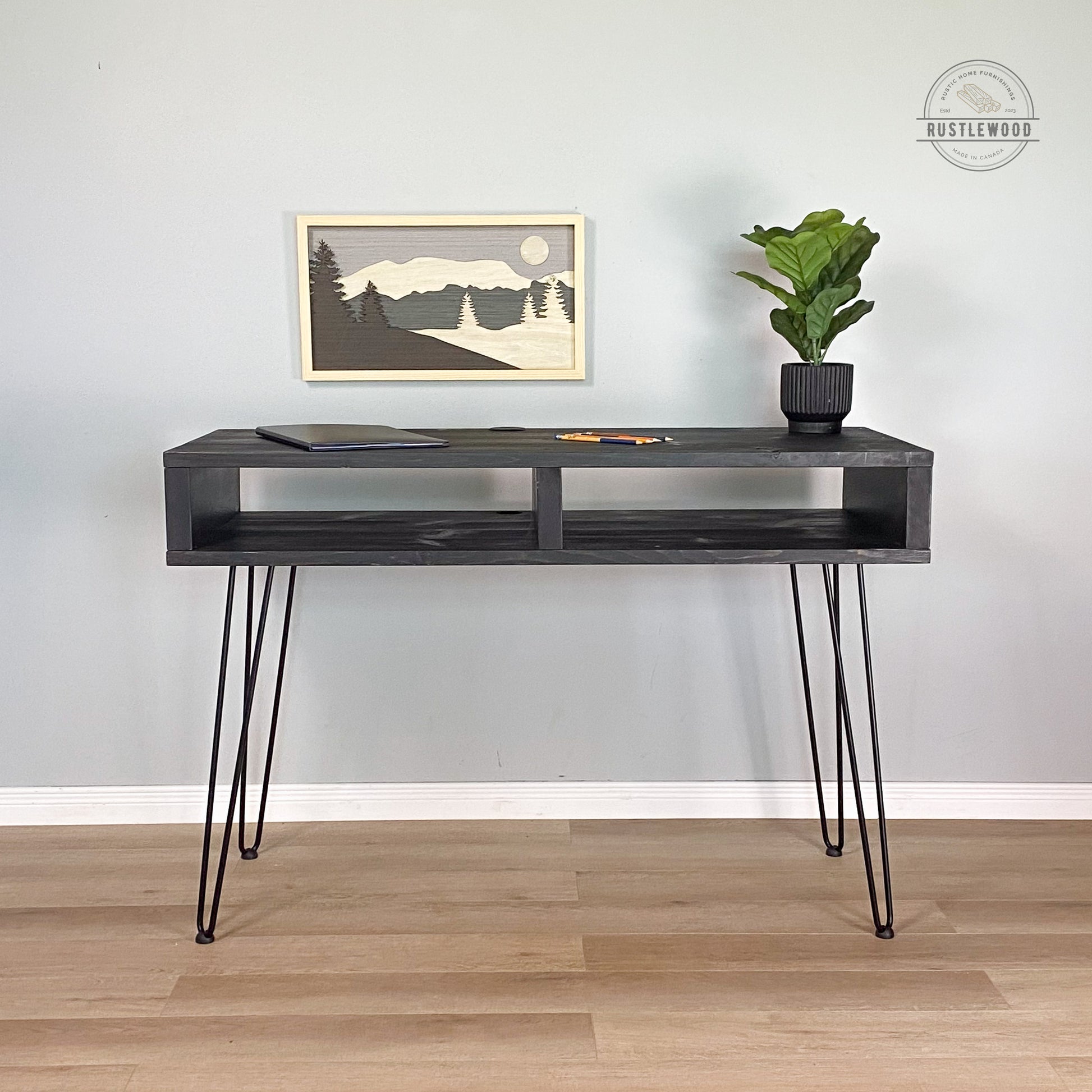 black hairpin leg desk with shelving