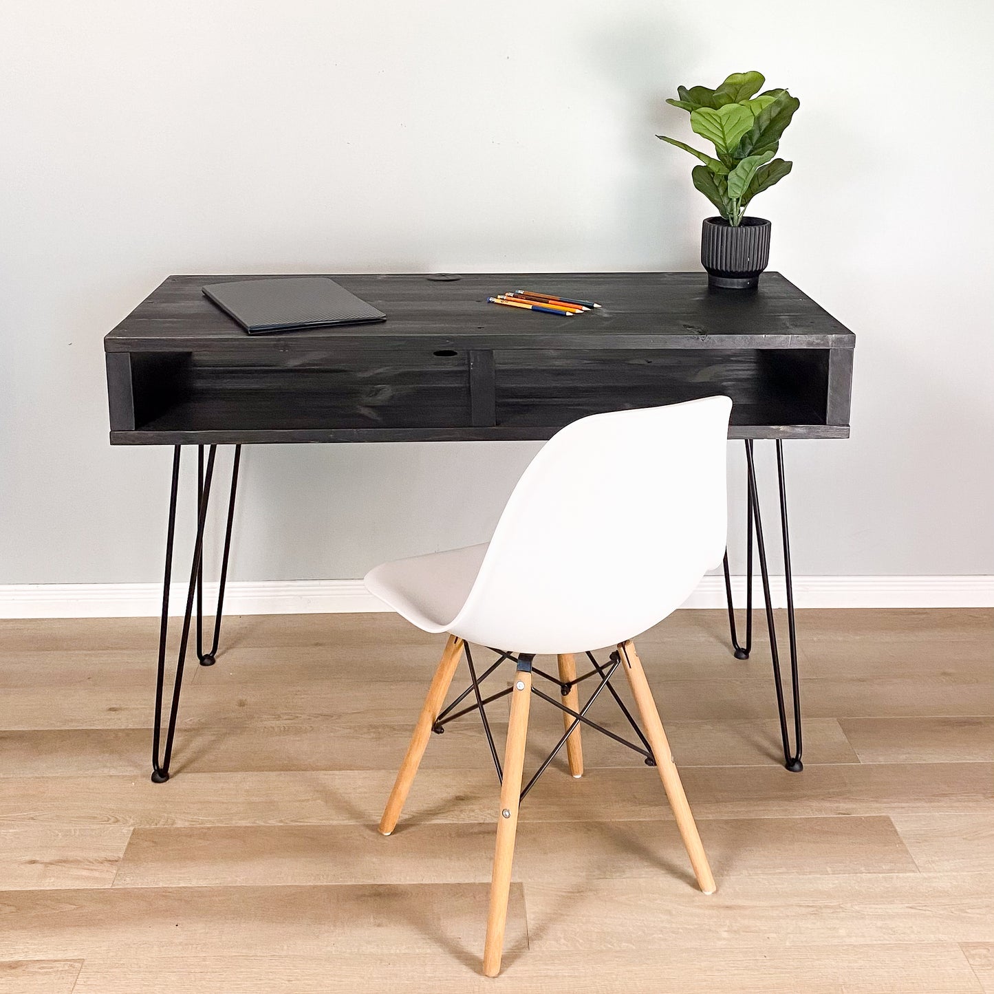 hairpin leg desk, double shelving
