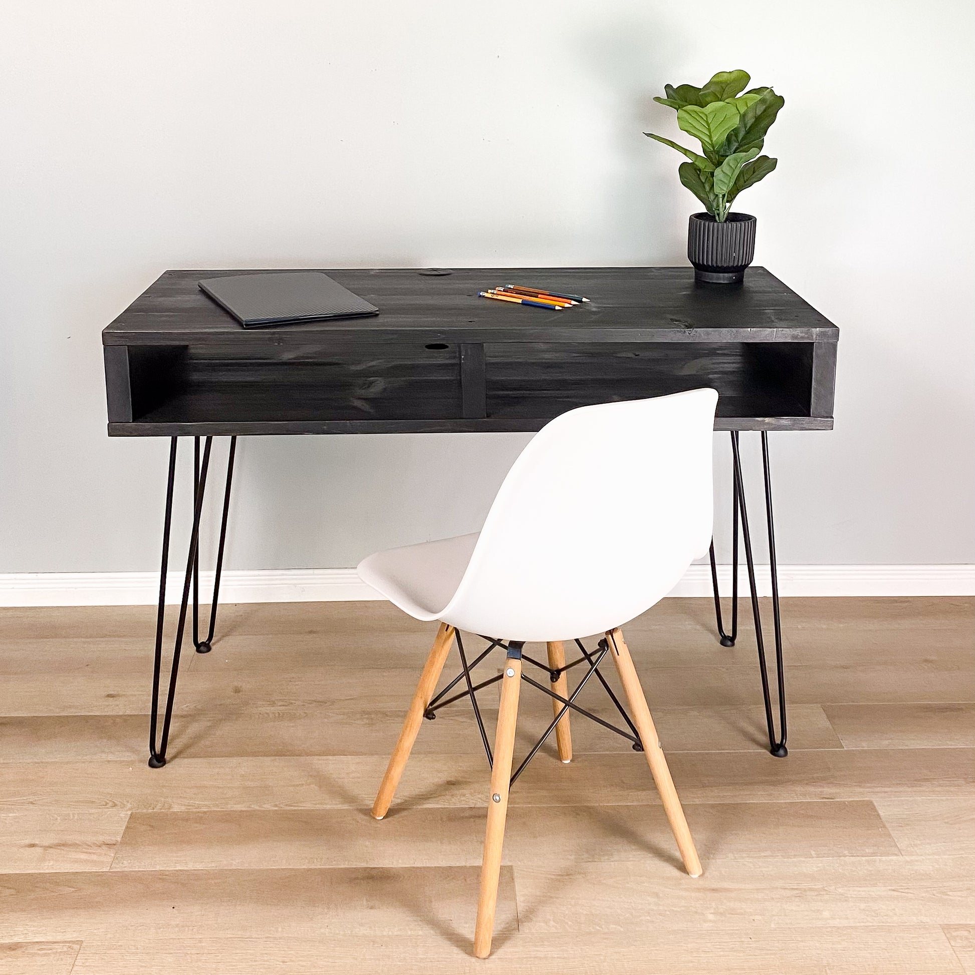 hairpin leg desk, double shelving