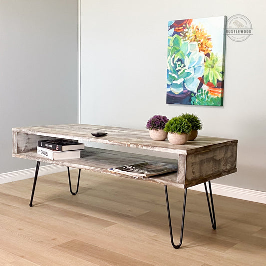 rustic coffee table with hairpin legs 