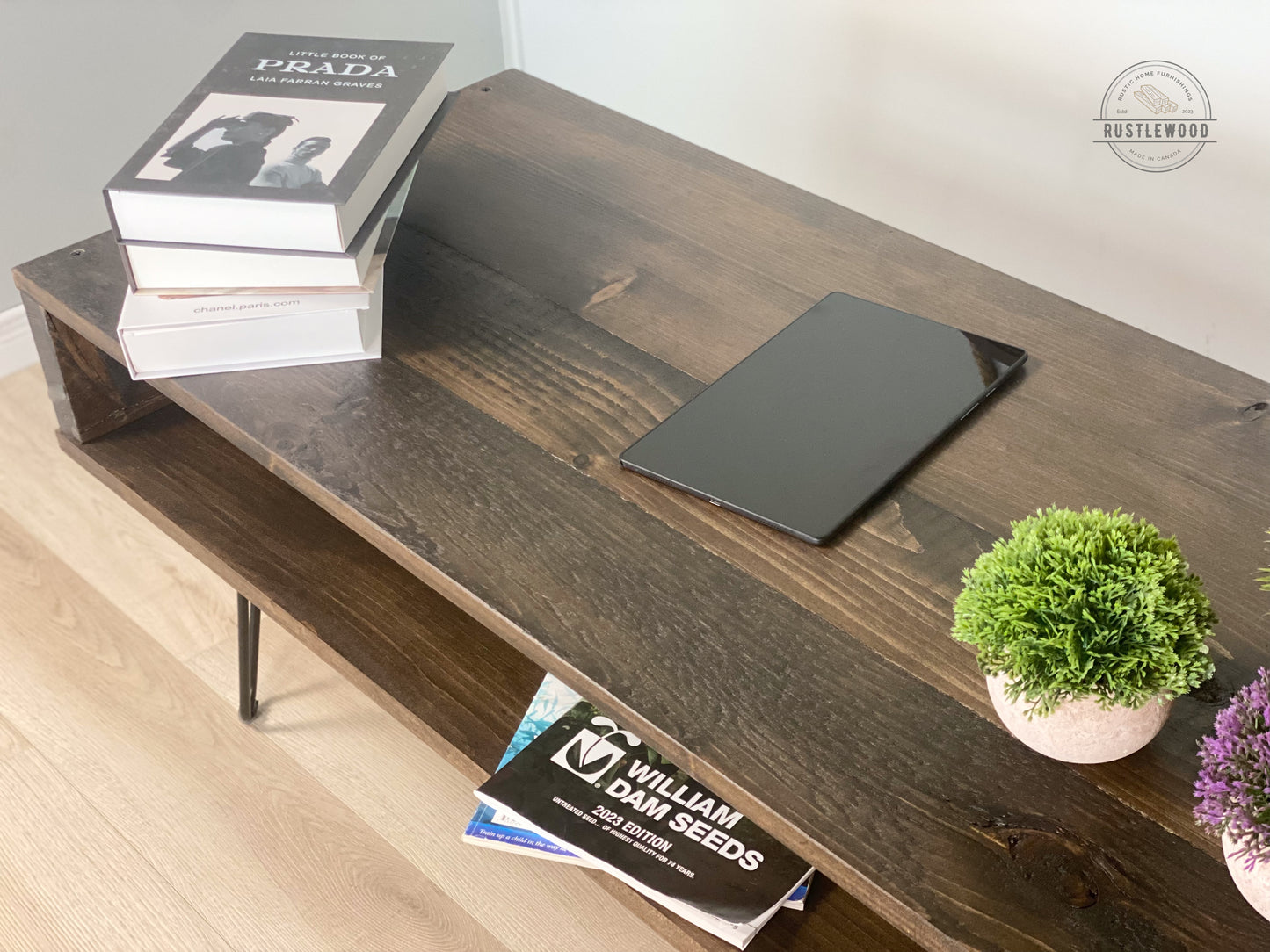 brown coffee table with hairpin legs 