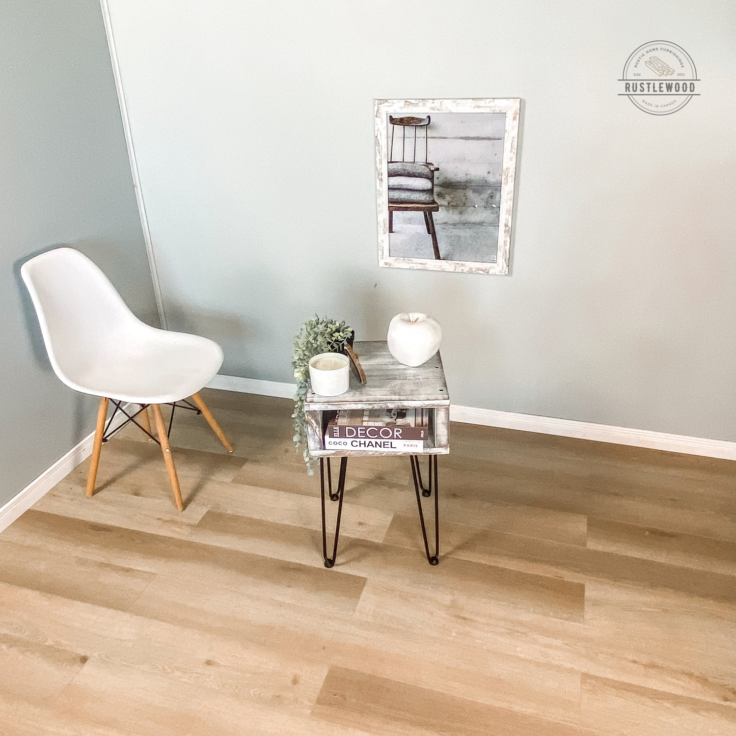 rustic end table with hairpin legs 