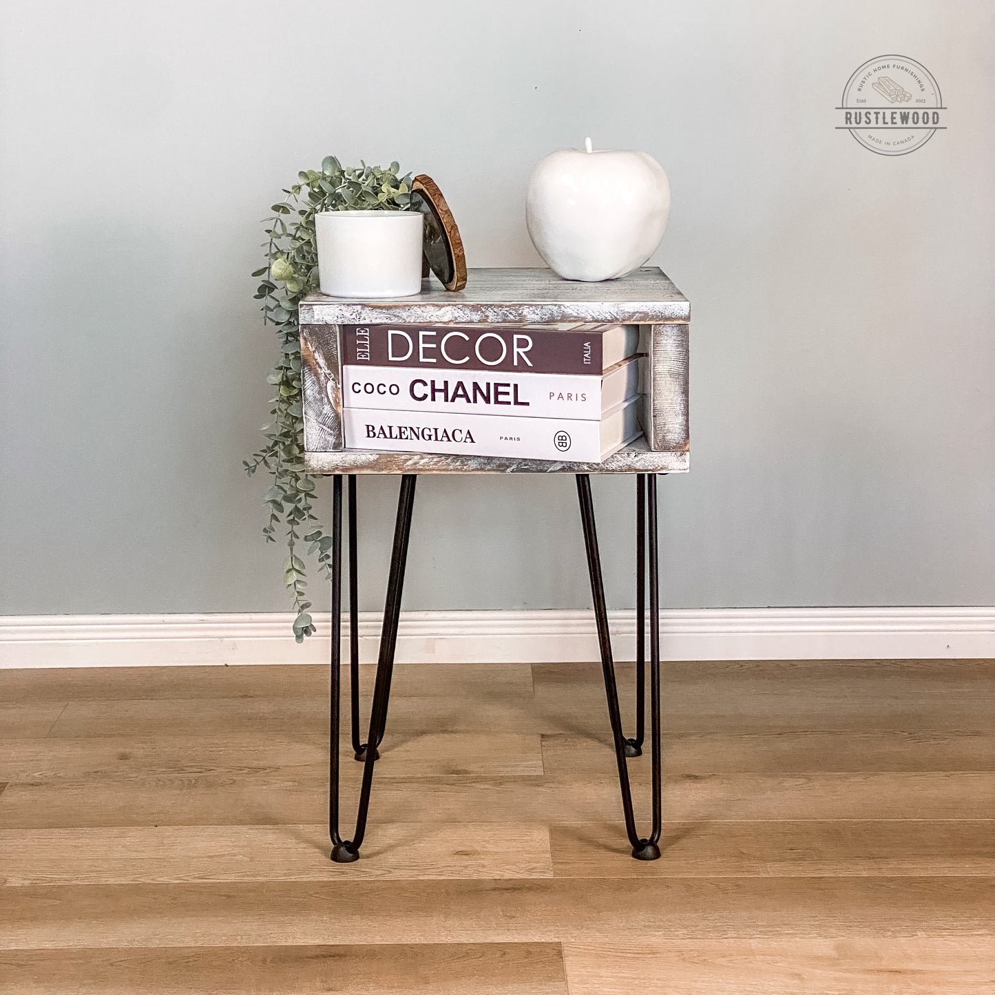 rustic end table with hairpin legs 