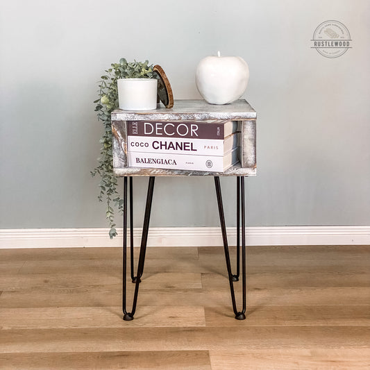 rustic end table with hairpin legs 