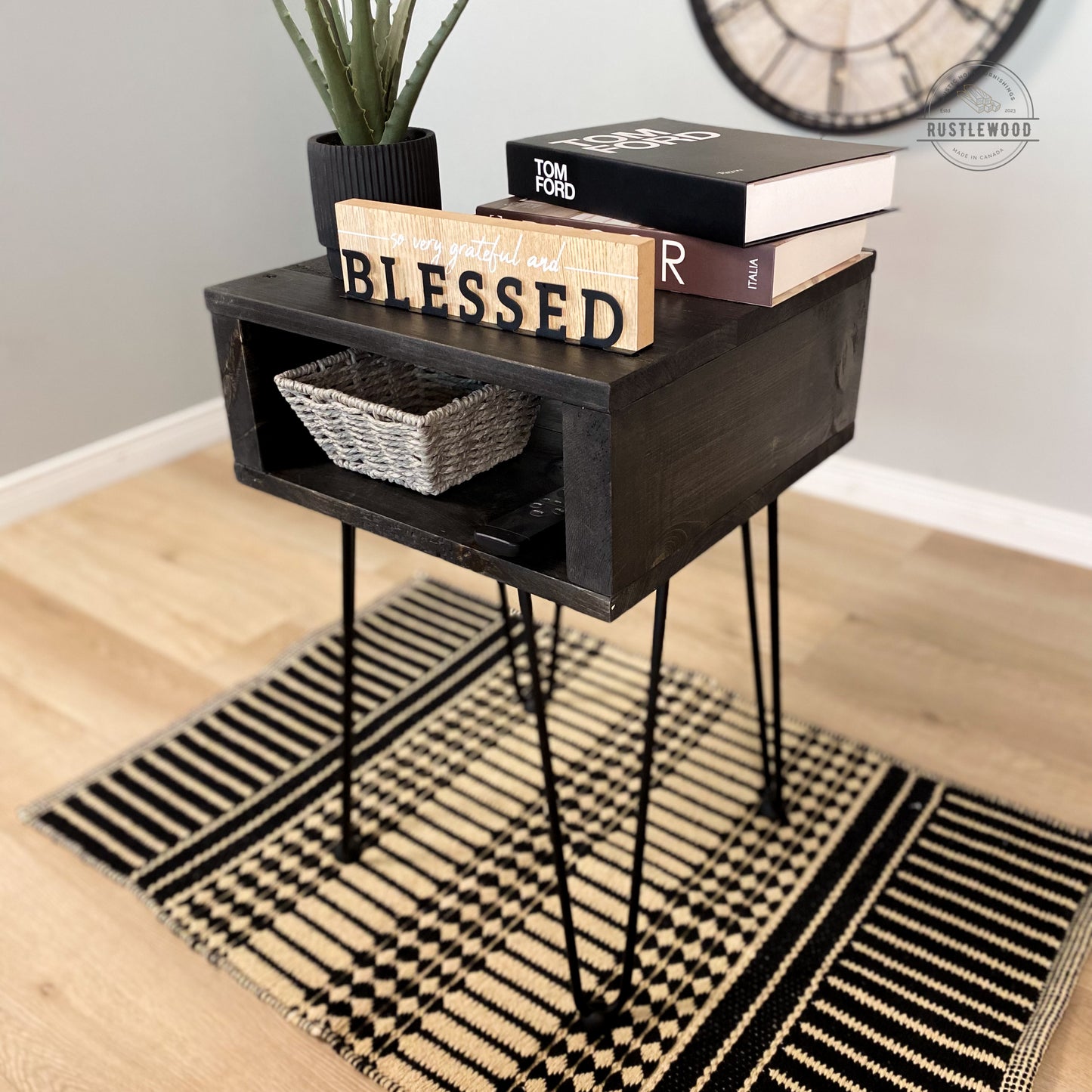 rustic end table with hairpin legs 