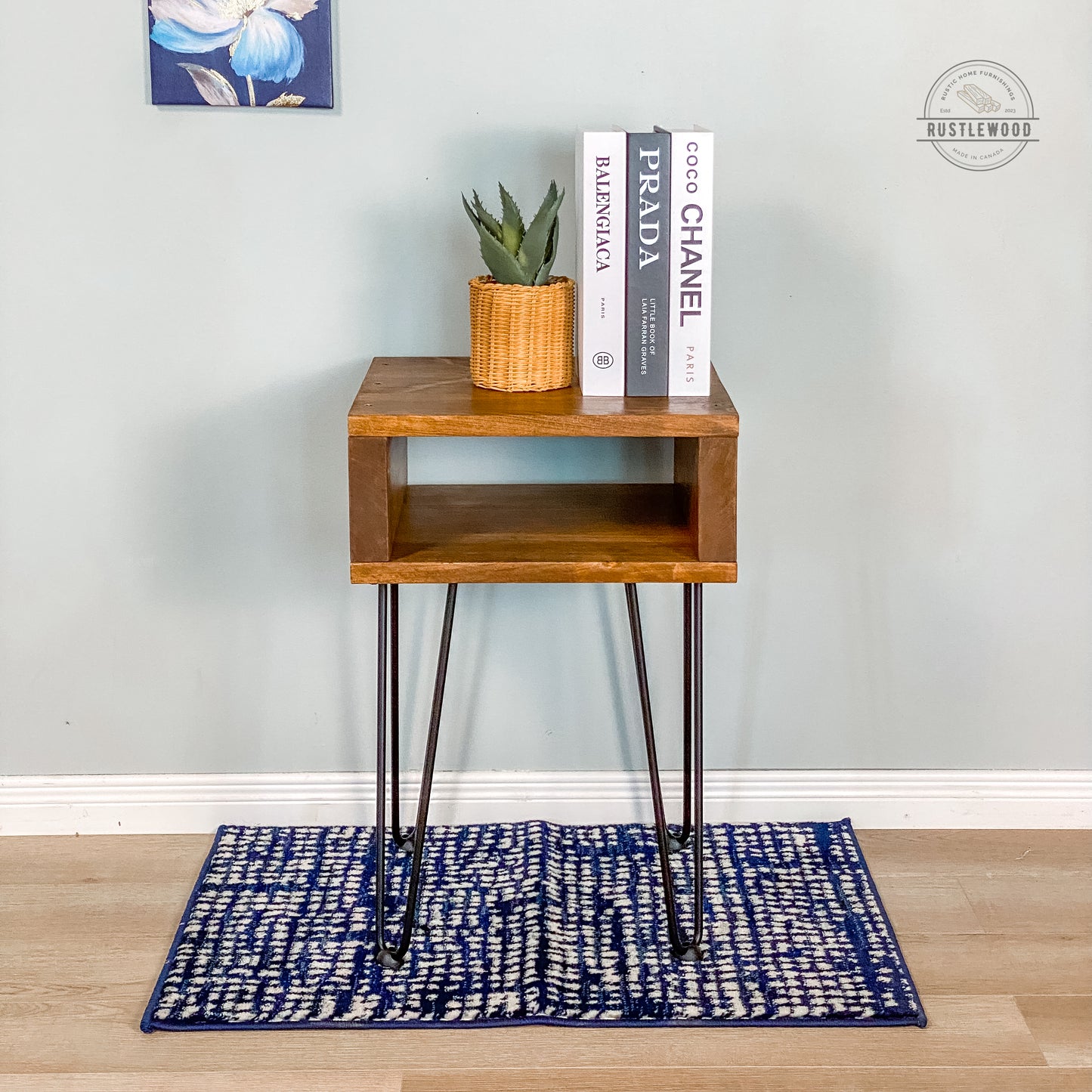 rustic end table with hairpin legs 