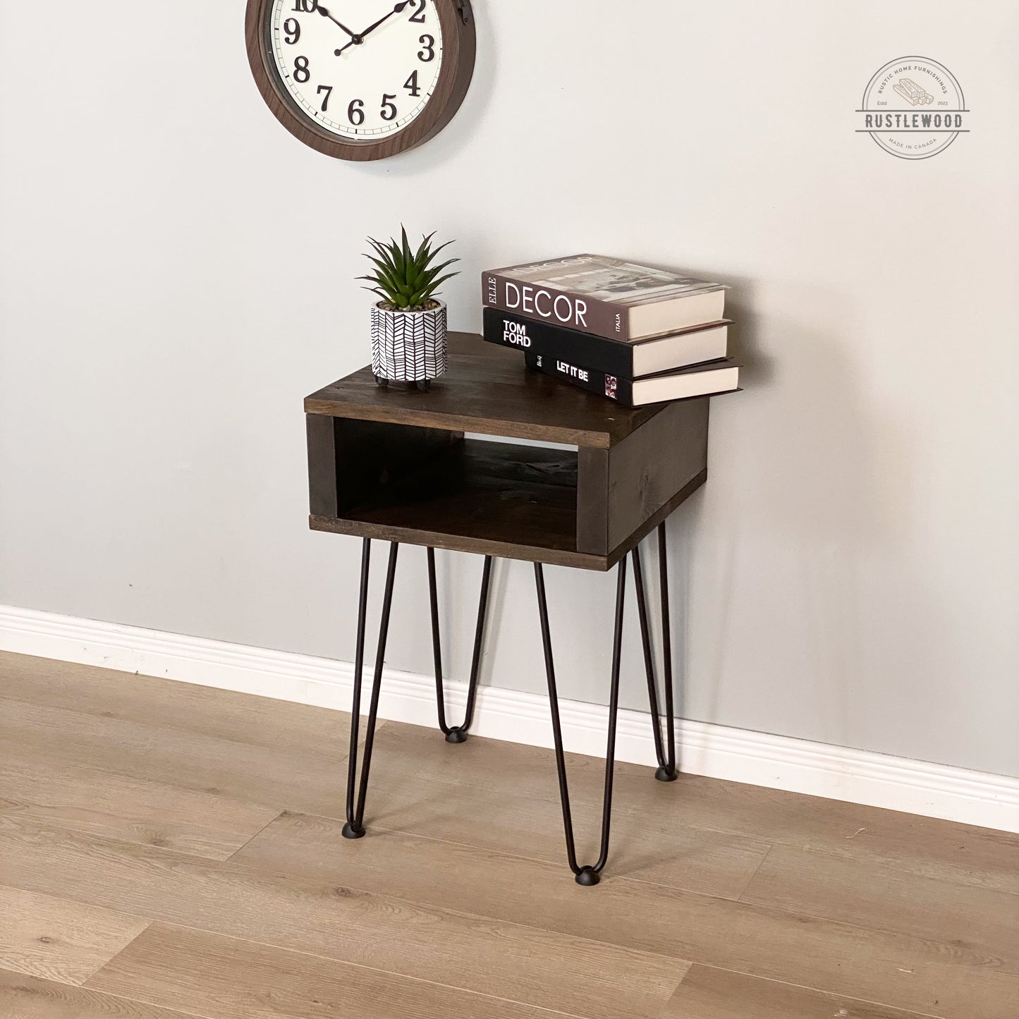 rustic end table with hairpin legs 